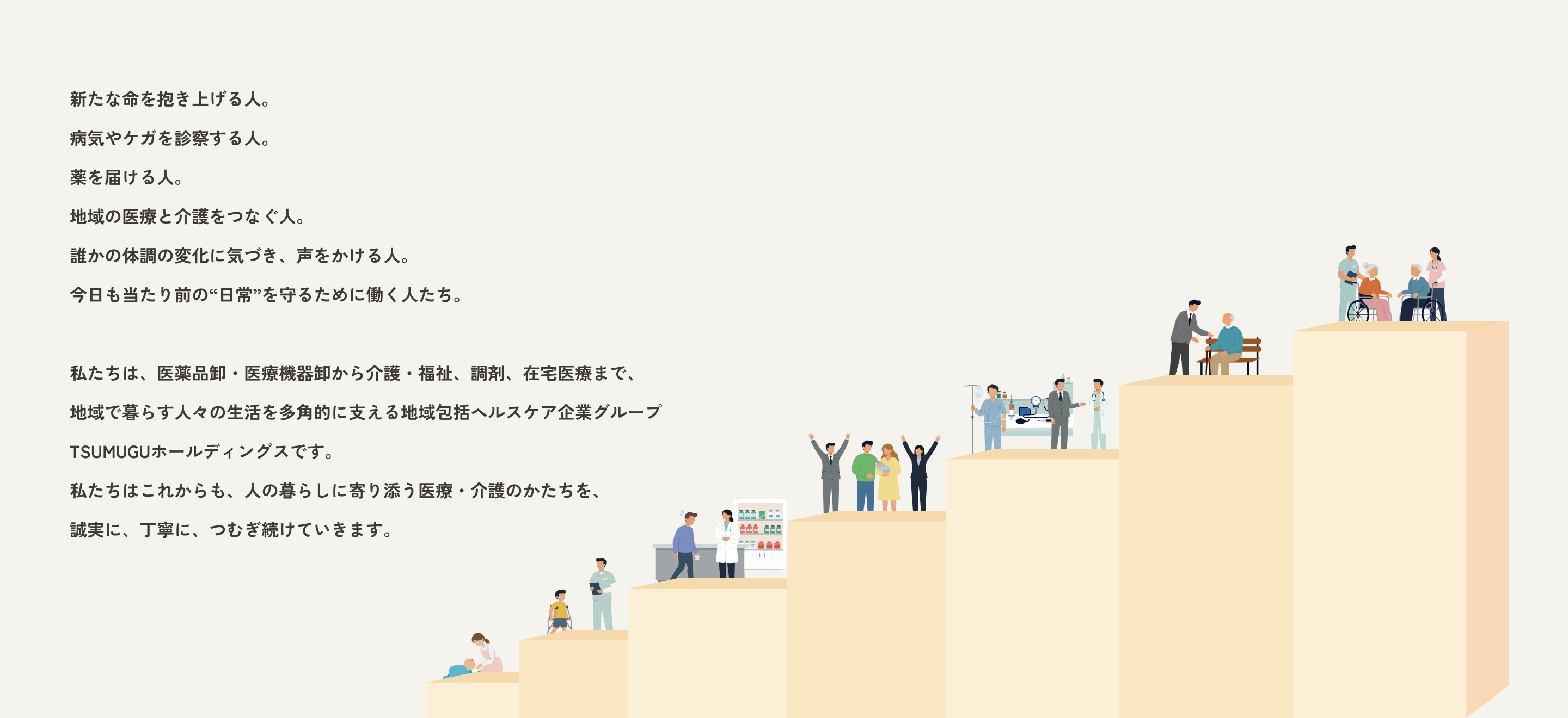 新たな命を抱き上げる人。病気やケガを診察する人。薬を届ける人。地域の医療と介護をつなぐ人。誰かの体調の変化に気づき、声をかける人。今日も当たり前の“日常”を守るために働く人たち。私たちは、医薬品卸・医療機器卸から介護・福祉、調剤、在宅医療まで、地域で暮らす人々の生活を多角的に支える総合ヘルスケア企業グループTSUMUGUホールディングスです。私たちはこれからも、人の暮らしに寄り添う医療・介護のかたちを、誠実に、丁寧に、つむぎ続けていきます。